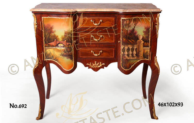 French Louis XV and Vernis Martin style three drawer and two doors ormolu mounted and sans traverse veneer inlaid commode, Constructed with arbalette shaped frieze continues on doors and front, Raised on acanthus leaves ormolu mounted cabriole legs, The scalloped apron has a finely chased pierced central foliate ormolu reserve. Above are the three drawers decorated by foliate ormolu pendant handles, Flanked to each side by an exquisite arbalette shaped doors hand painted on the Vernis Martin style with outdoor scenes and ornamented with foliate ormolu filet to the contour, Sided with foliate scrolled mounts and topped with beveled arbalette shaped marble top